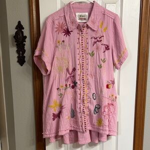 Johnny Was Biya Faye Embroidered Button-Down Blouse Pink